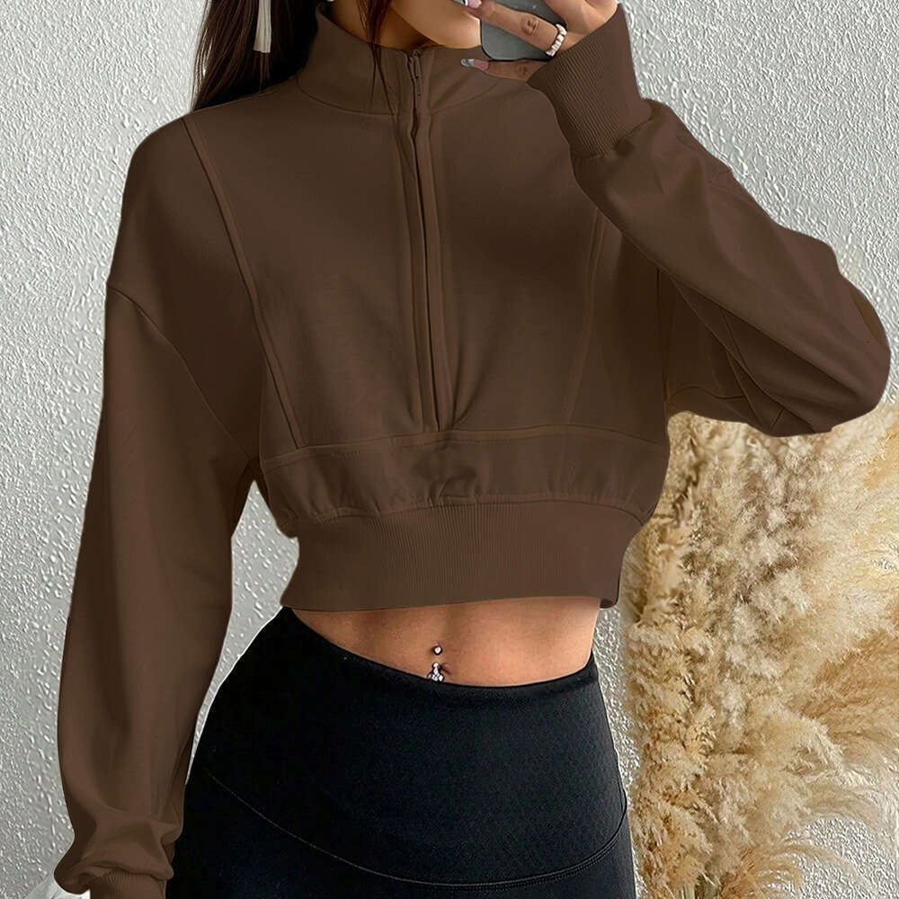 Spring and Autumn Versatile Brown Short Sweatshirt For Women Stand Collar Zipper American Retro Style Loose Casual Sports Top Luxury Designer