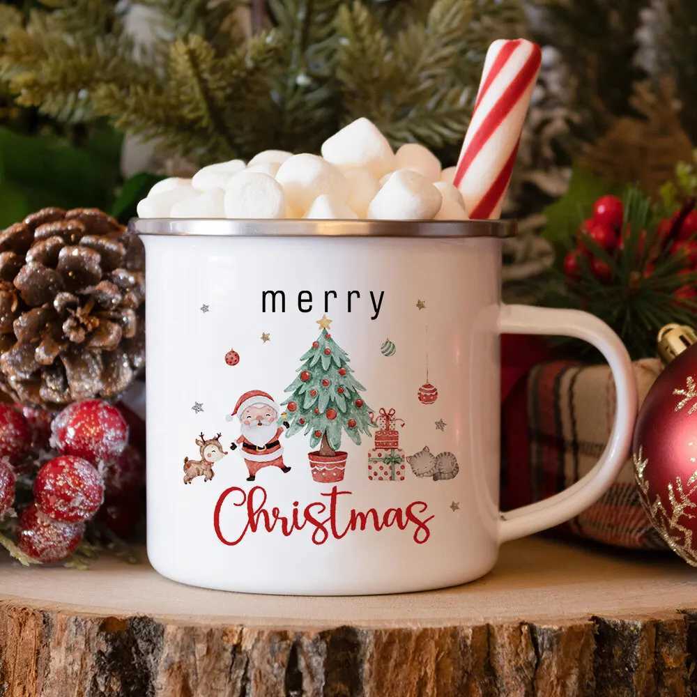 Santa Deer Print Child Christmas Mug Hot Cocoa Chocolate Mug Drink Jiuce Cup Christmas Decor Enamel Mugs Xmas Gift for Kids H251203-image-1087085747