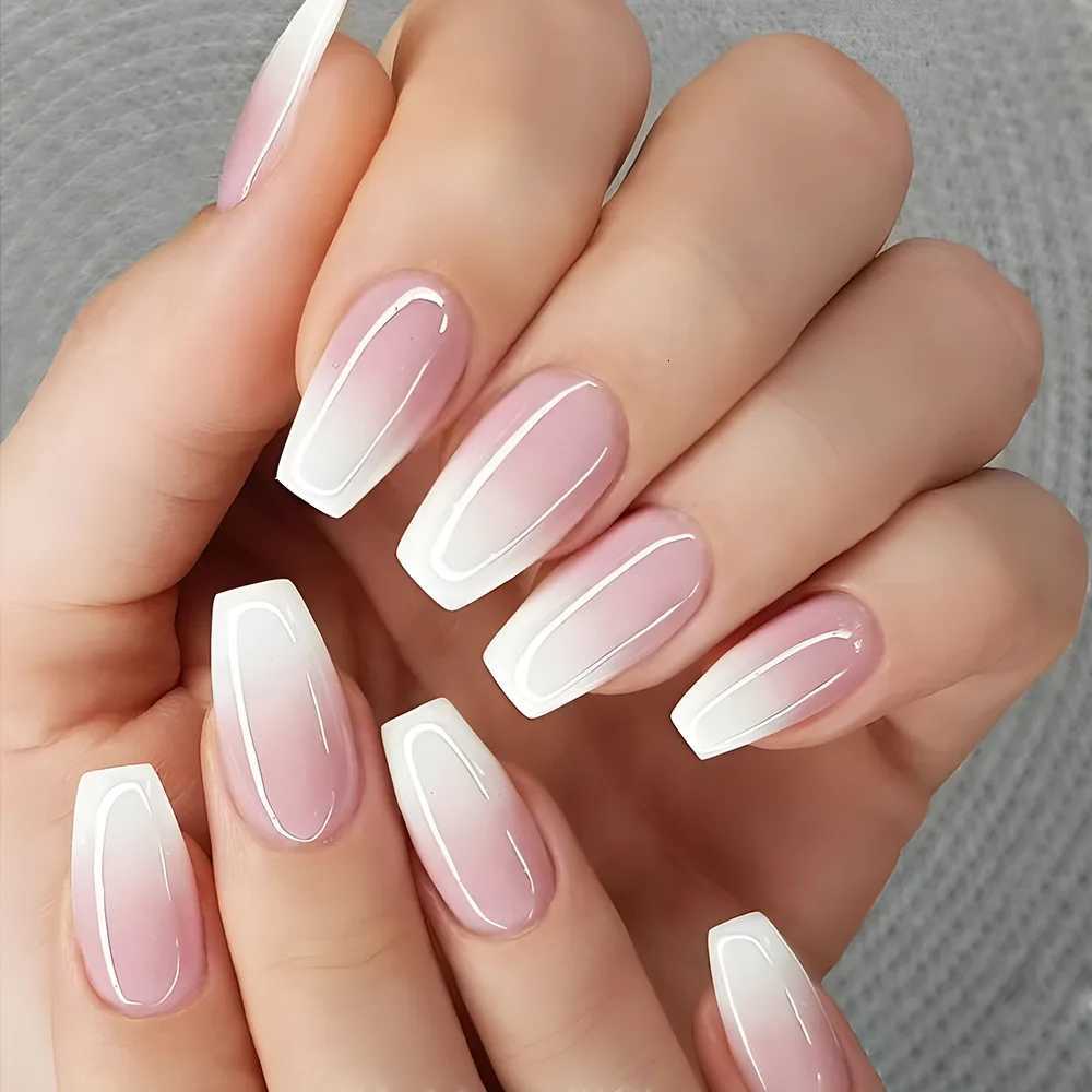24 Pcs Glossy Short Ballerina Press On Nails Pink Gradient Fake Nails Artificial Finger Manicure False Nails For WomenT251203-image-1087025628