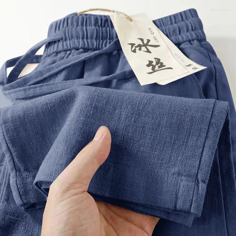 Men's Pants Ice Silk Linen Breathable Elastic Waist Casual Men Summer Thin Wide Leg Drapey Loose Straight Trousers