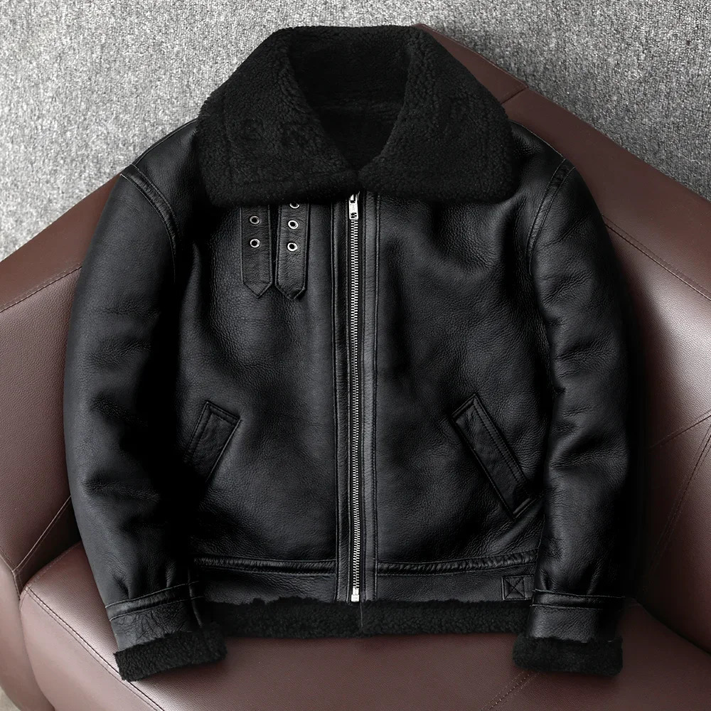 2025 Homme en peau de mouton hiver veste en cuir véritable hommes Bomber vol vestes en laine lourd Biker Parkas avec fourrure naturelle 251128