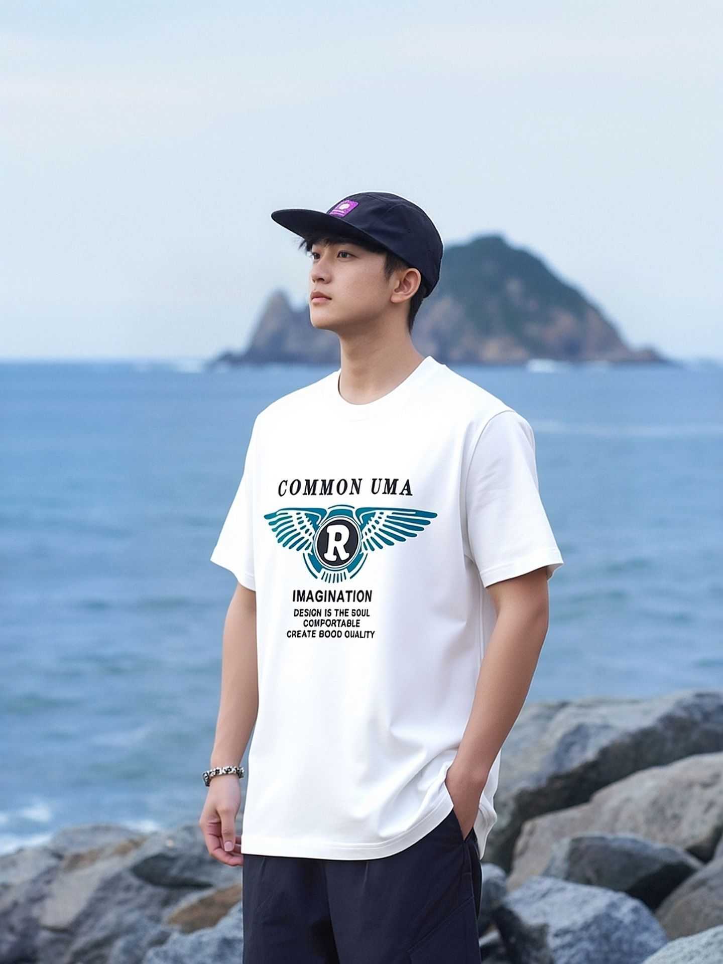 T-shirt Men's European-style Round-neck Pure Cotton Printed Loose White T-shirt Fashionable and Versatile Summer Short-sleeved Top L260525-image-944806991