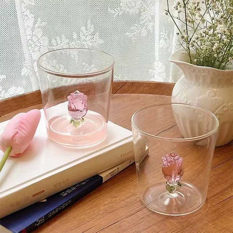 300ML Glass Water Cup with 3D Christmas Tree Rose Decoration For Daily Party Drinking Glasses Coffee Milk Mug Lover Gifts H251203-image-1087085631