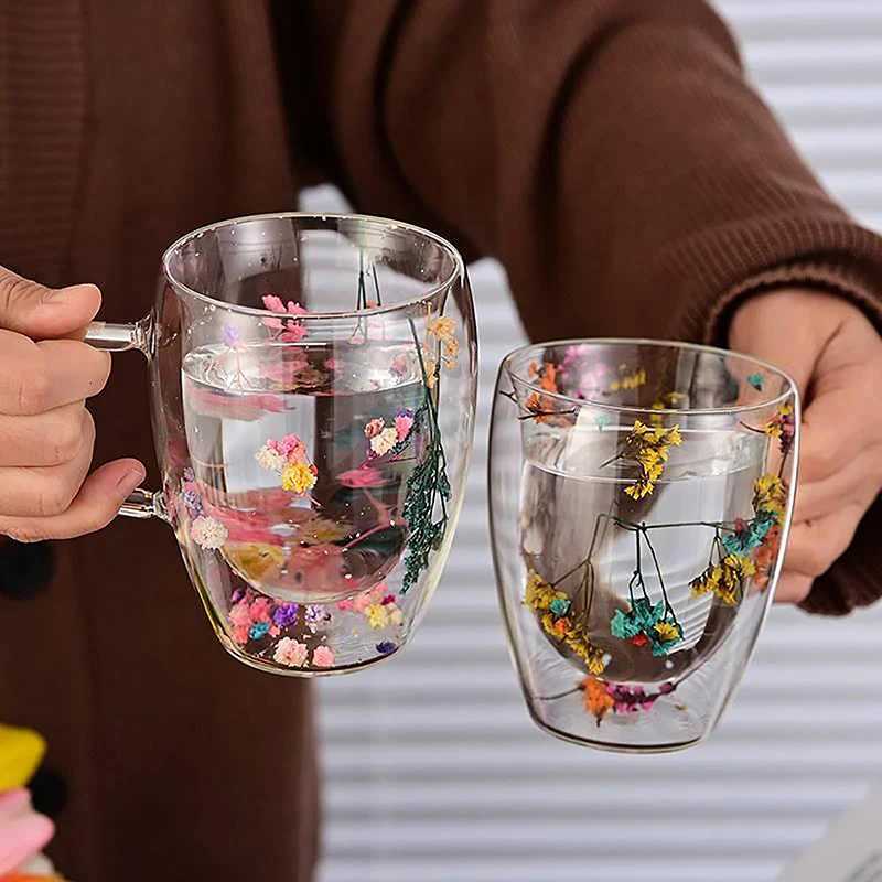1PC Tea Coffee Cups 350ml Fillings Dry Flowers Double Wall Glass Cup With Handle Heat Resistant Espresso Milk Mug Creative Gift H251203-image-1087084697