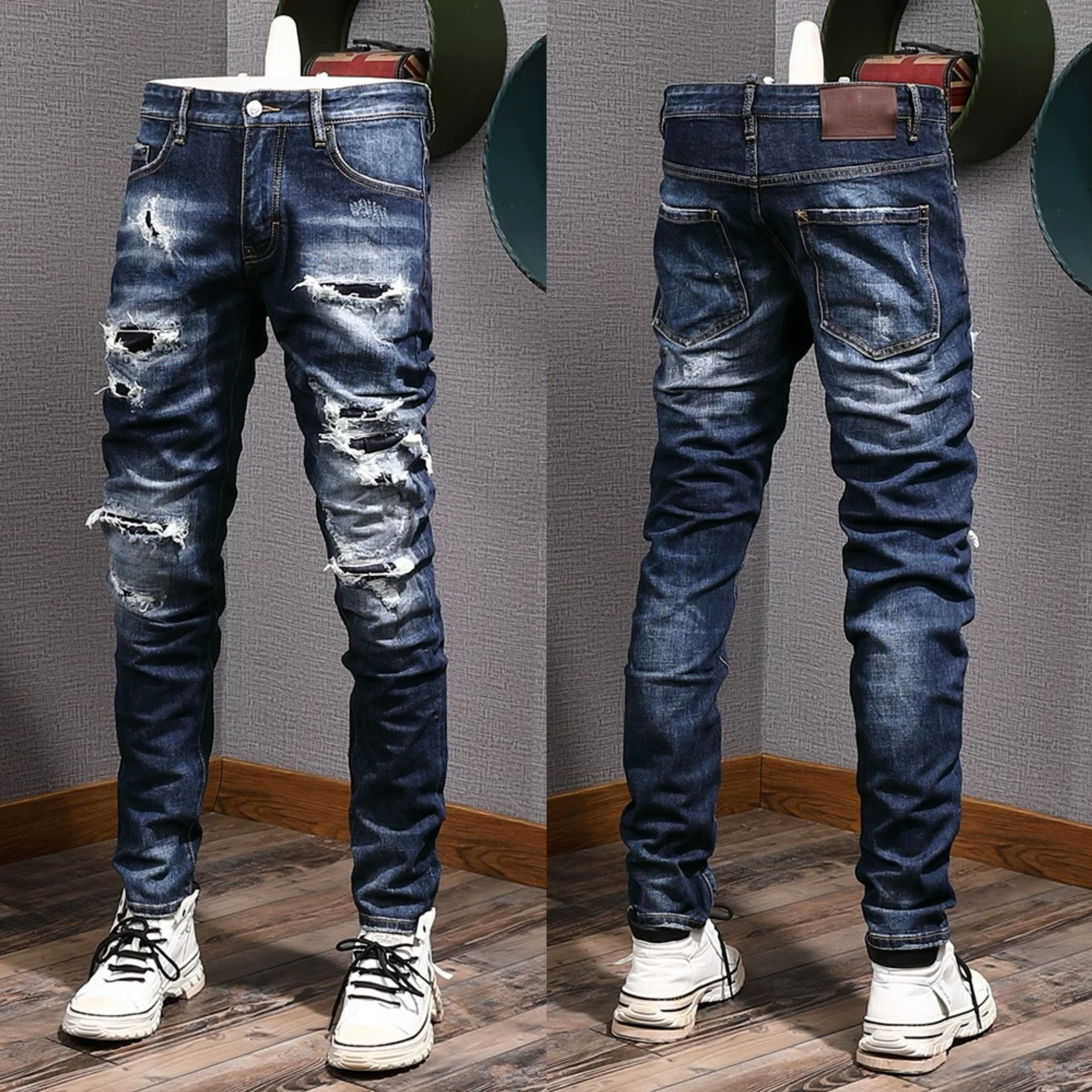 Broken Jeans Pantalon en denim stretch à empiècements coupe slim pour homme en bleu