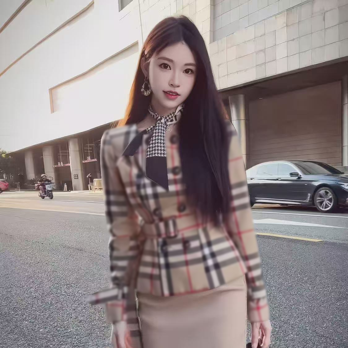 Women's trench coat, designer fashion slim-fit women's jacket, spring British classic check casual women's coat
