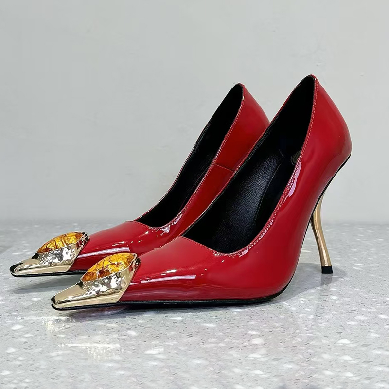 Top Metal Square Head Jewel Inlaid High Heels 10.5cm Metal Special-Shaped Heel Patent Leather Women's Single Shoes Fashionable Elegant Eveni-image-906595864