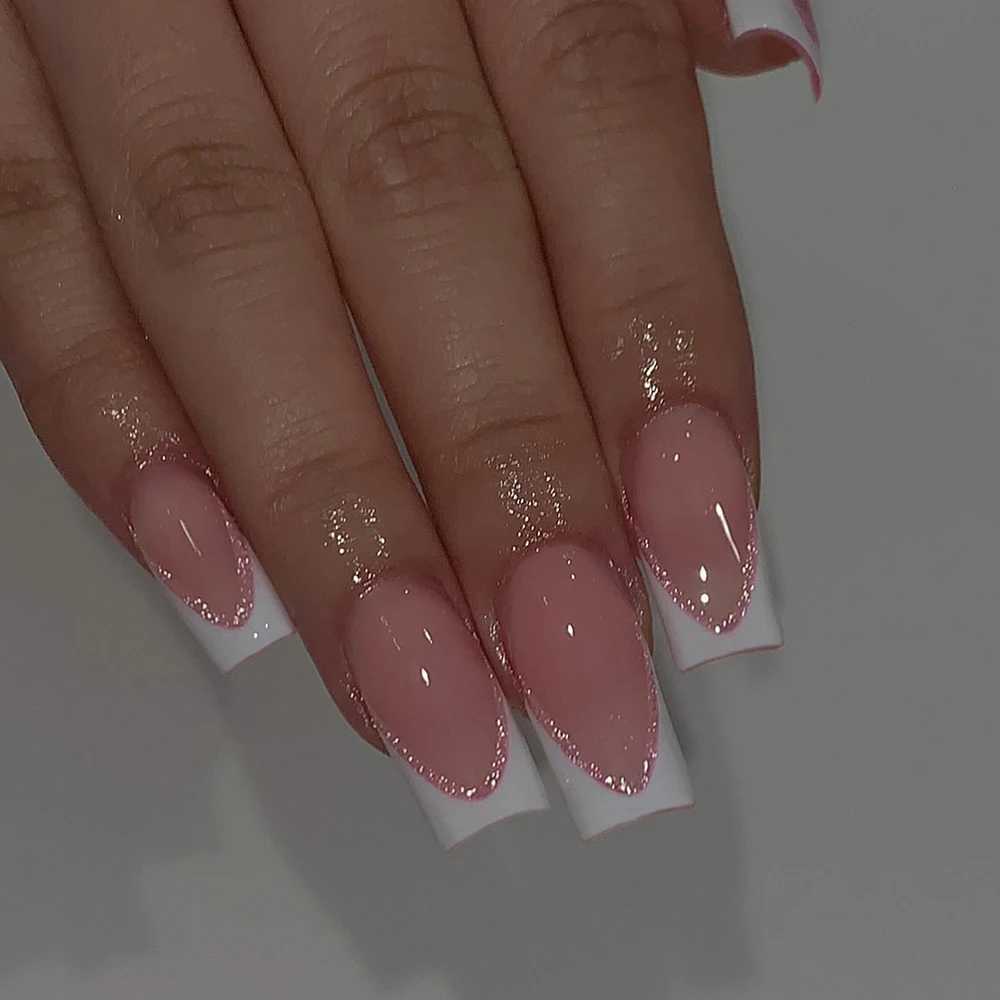 24pcs White Square French nails tip press on nails medium Glitter Perfect fit design acrylic false nails set contain 1pcs jellT251203-image-1087027362