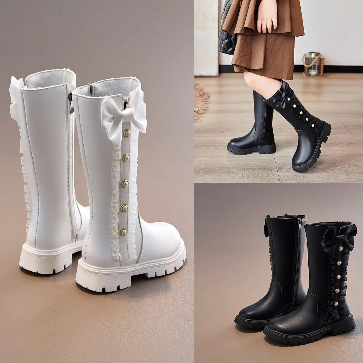 416 Years Old Girls Padded High Boots Beige Bow Pearl Childrens Cotton Shoes Black Soft Bottom Nonslip Leather 2501105