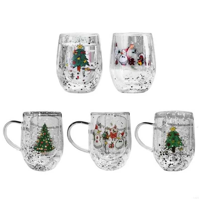 N2UC Christmas Insulated Glass Mug Heat Resistant Glassware Clear Beverage Drinkware 300ml Water Cup for Home or Office Use H251203-image-1087085124