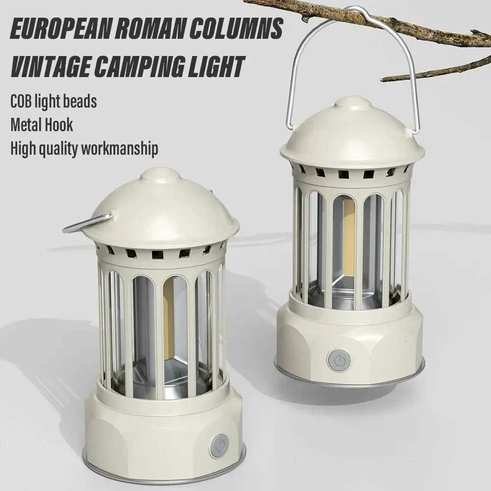 Lampe de poche rechargeable de lanterne de camping vintage de pilier romain européen avec crochet lumière blanche chaude pour le camping exploran