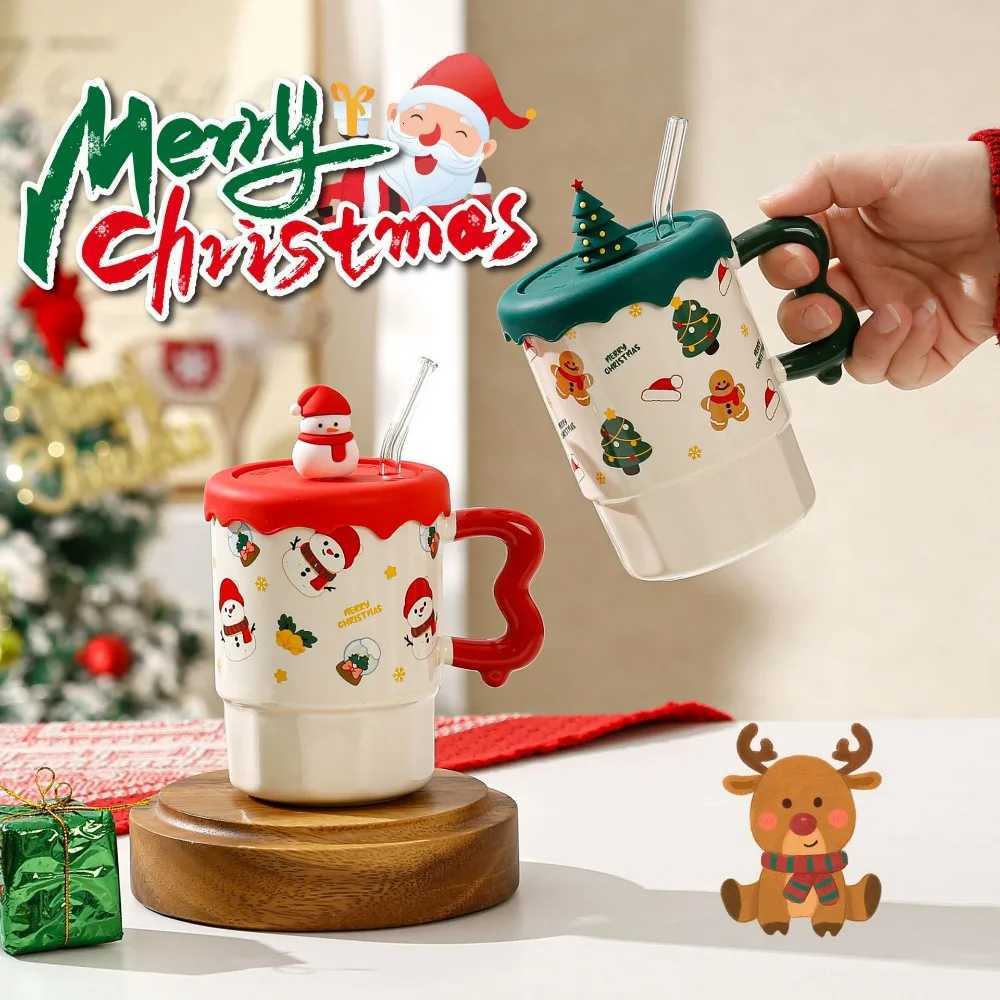 New Cute Christmas gift mug with lid spoon high appearance level Santa Claus reindeer ceramic cup as a souvenir H251203-image-1087085402