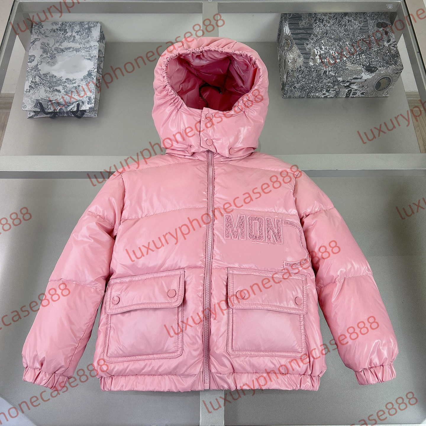 High quality M Embroidered Badge Winter hooded kids designer coat Pink large pocket style Outdoor thickened windproof kids puffer jacket kids des-image-1087005701