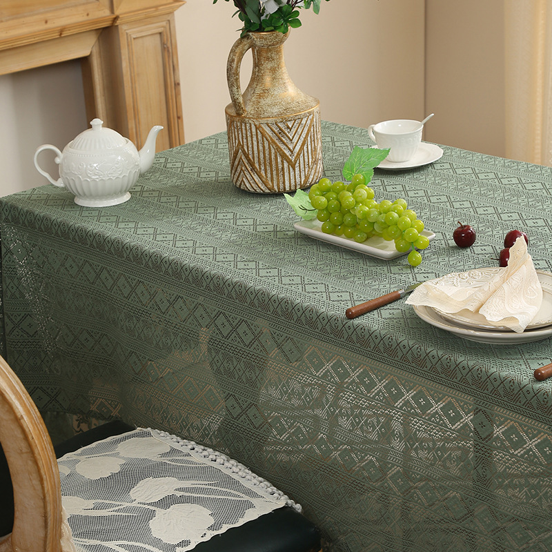 Vintage Green Openwork Lace Tablecloth, Ruffled Rectangle Cover for Coffee Table - T5DR01-image-1104262007