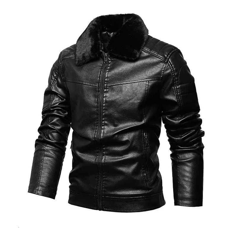 Mens Solid Color Zipper Pocket Flocked Lapel Coat Cardigan Fashion Casual Pu Leather Top M251203