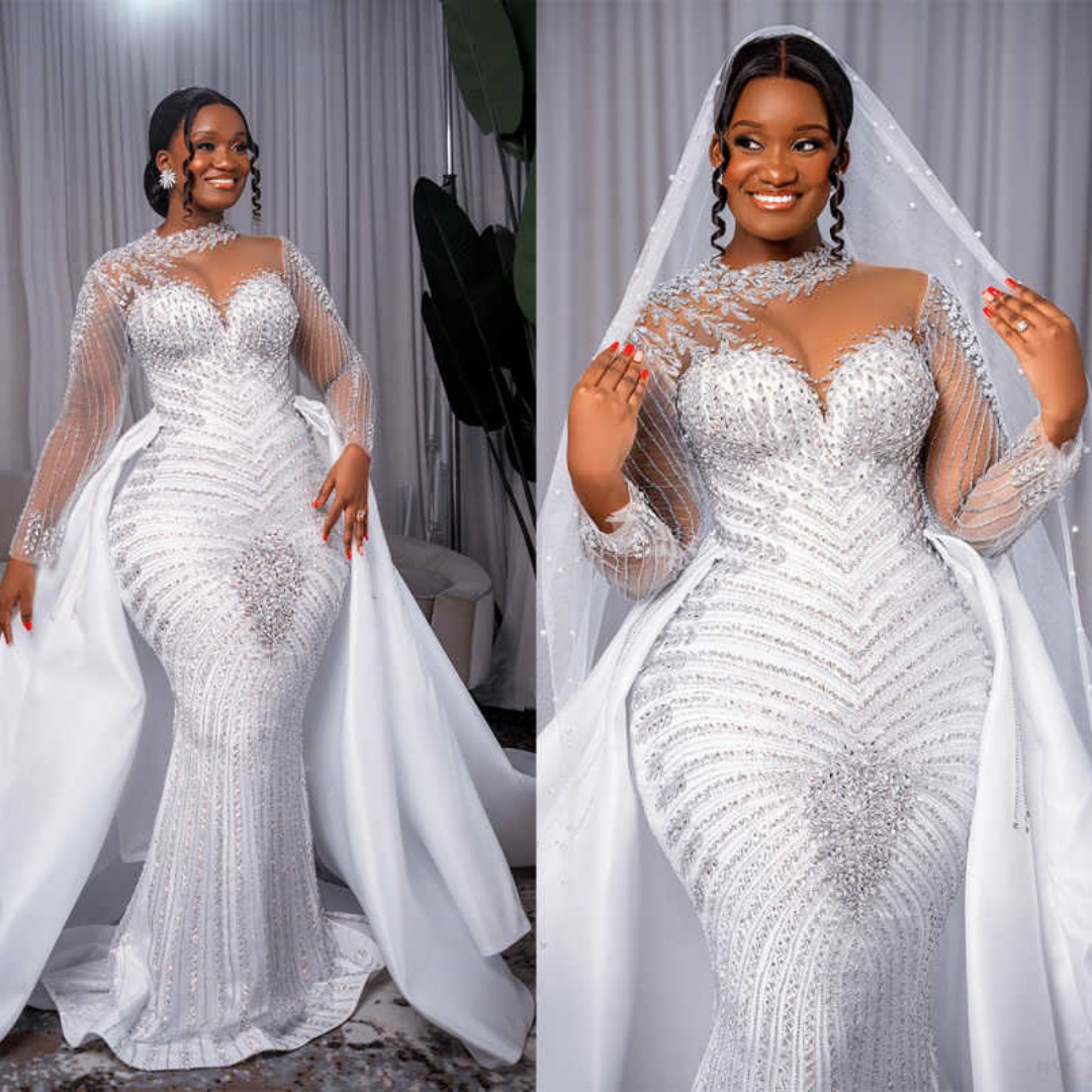 Cristaux scintillants sirène robes De mariée à manches longues col transparent robes De mariée surjupe personnalisé robes De Novia