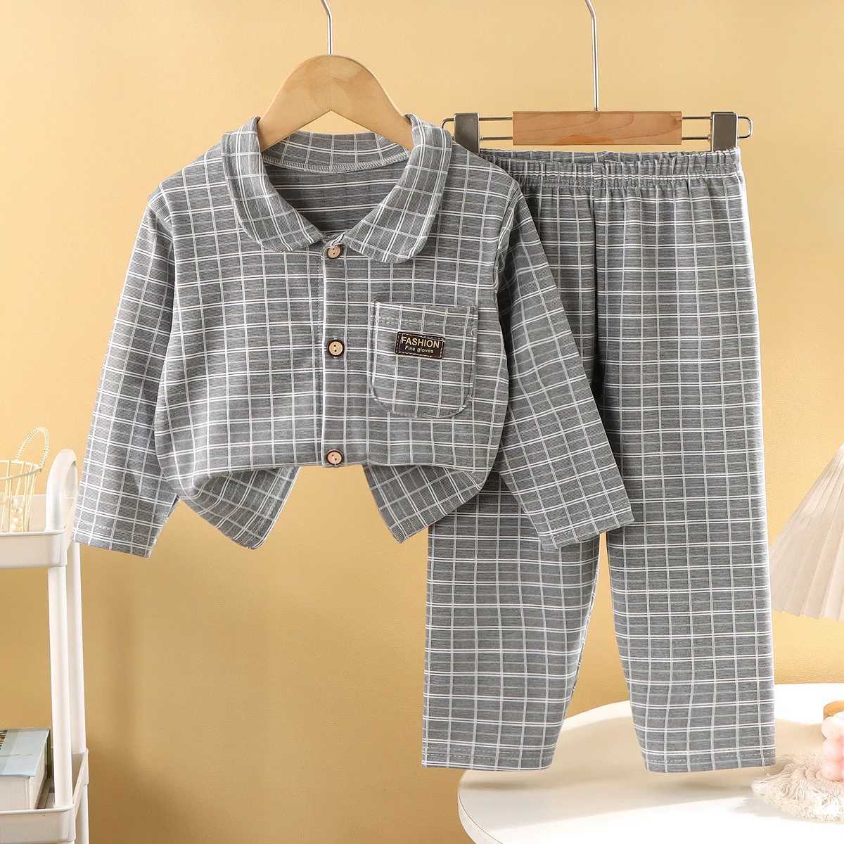 New Kids Autumn Casual Pajamas Home Wear Baby Boys Girls Plaid Long Sleeve Lapel Pyjamas Childrens Warm Sleepwear Clothing Sets H251208-image-1087662774
