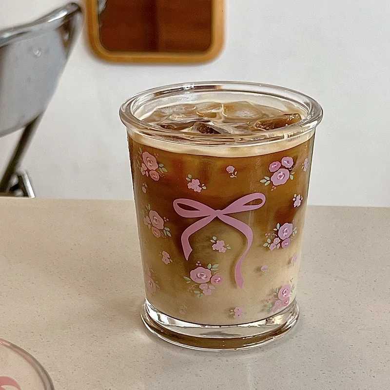 Kawaii Bowknot Glass Cups Bow Knot Rose Glass Milk Cup Fragmented Flowers Cold Extract Cup for Drinkware Coffee Breakfast Cup H251203-image-1087084739