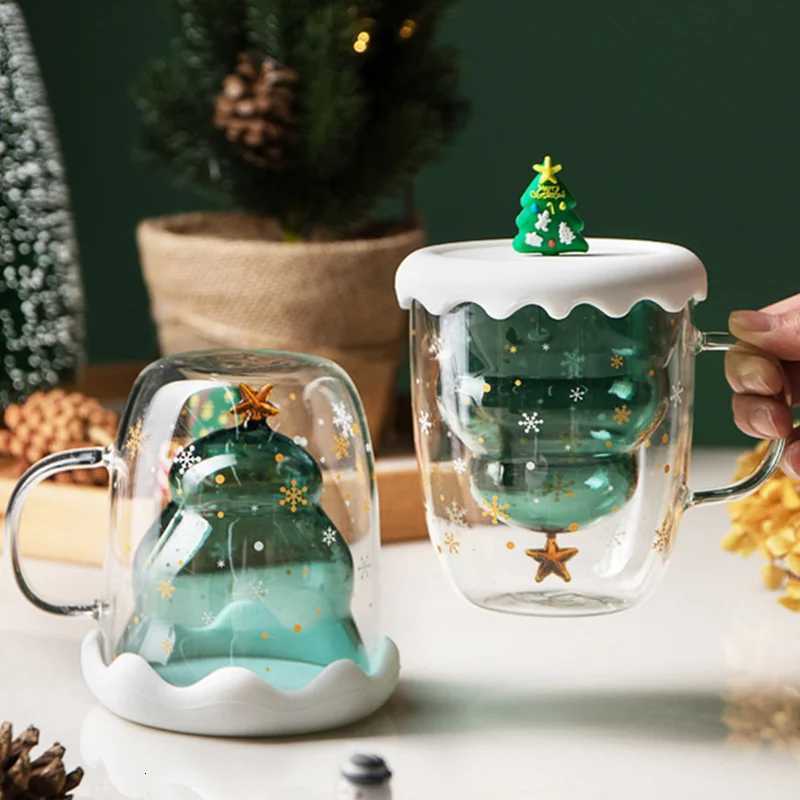 Christmas Glass Cups with Silicone Lid Transparent Double Layer Creative Coffee Mug Christmas Gift Snowflake Drinking Mugs H251203-image-1087084800