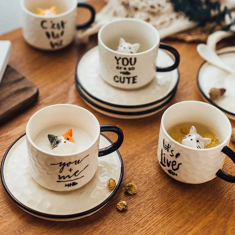 Cute Kitten Ceramic Cat Claw Cup Afternoon Tea Coffee Cups with Plates Dishes Ceramic Mug for Couples and Children Drinking Milk H251203-image-1087086174