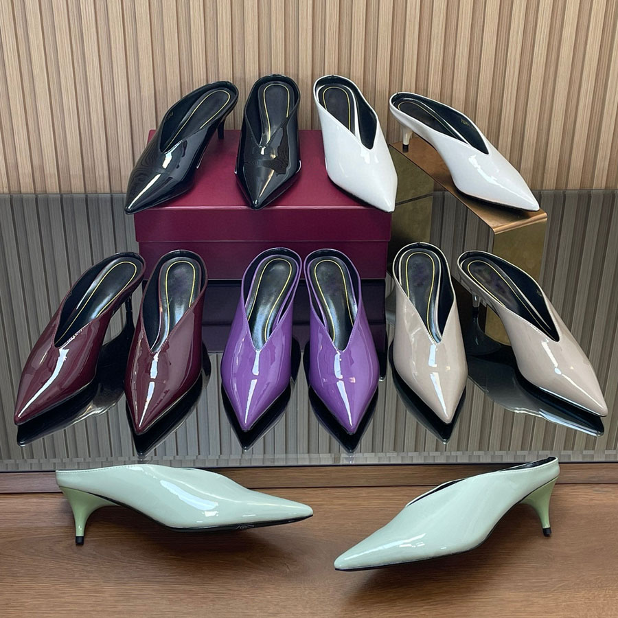 top quality Simple Minimalism Patent leather mules kitten sandals Pointed-toe Low-heeled slippers slides Luxury designer shoe woman clog heels Offic