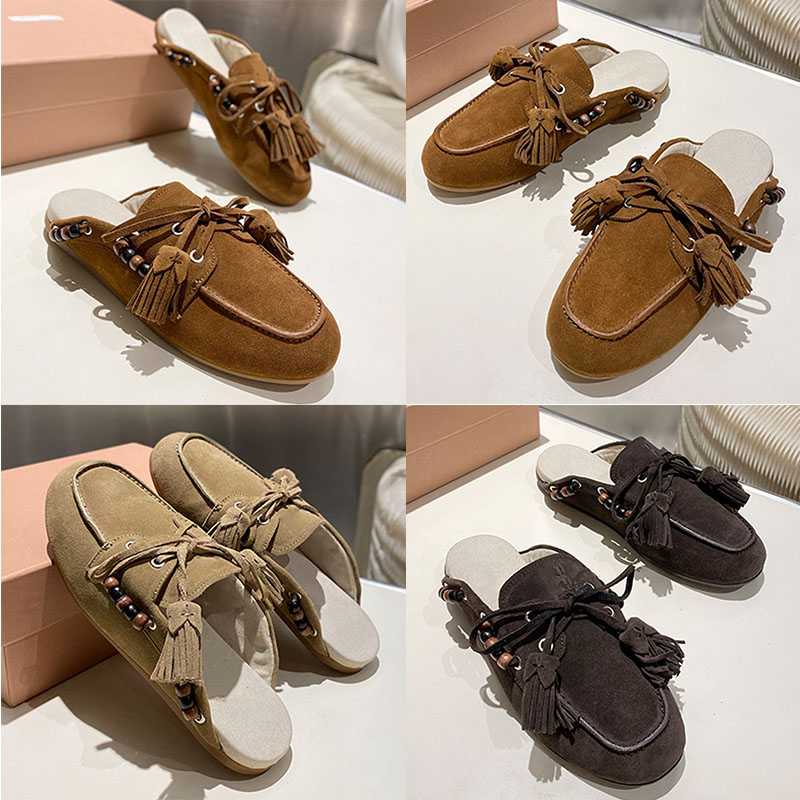 womens leisure Suede leather mules soft suede tassel boat loafer Unique playful style 5R517E Baotou semi flat shoes shoe upper decorated threaded wo