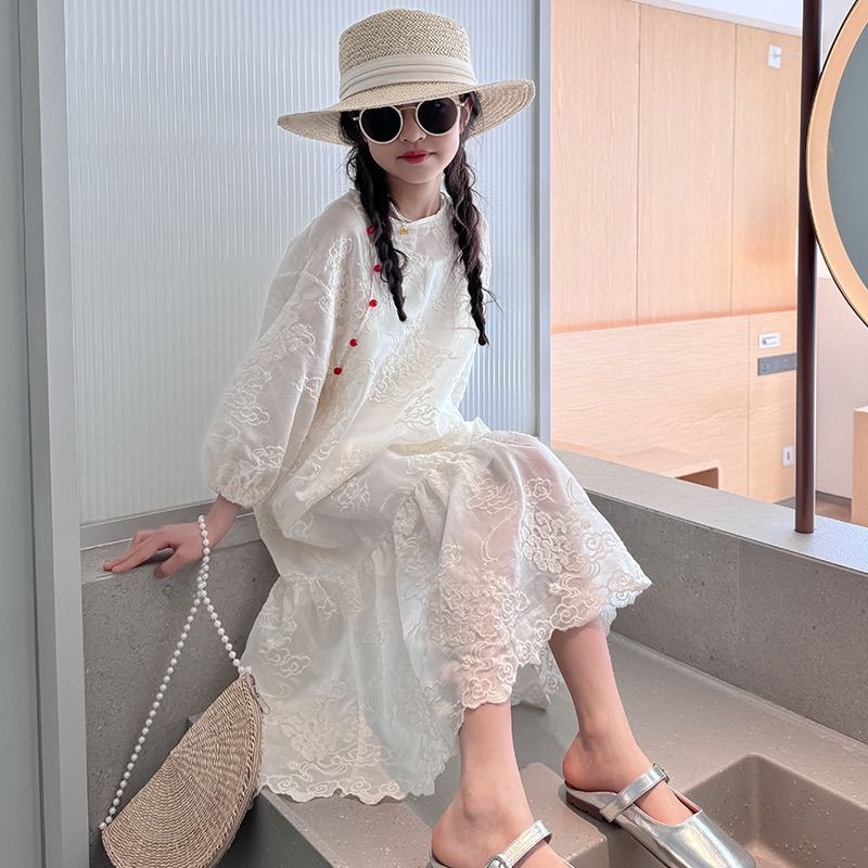 D834 Spring and Autumn Style Tencel Embroidered New Chinese Style Bubble Sleeve Fishtail Skirt Two-Piece Girls&#039; Parent-Child Dress-image-1086984447