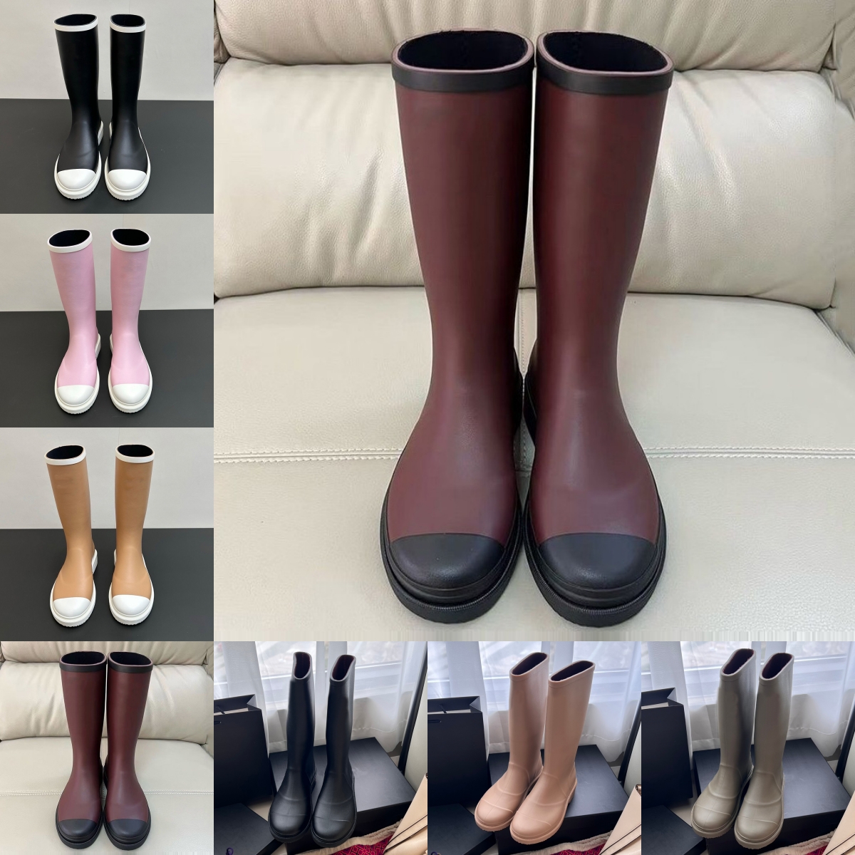 Women Rain Boots Brand Designer Bottes Square Toe Black White Olive Beige Pink Rainboots Lady Thick Heel Sole Rubber Waterproof Casual Platform Shoe