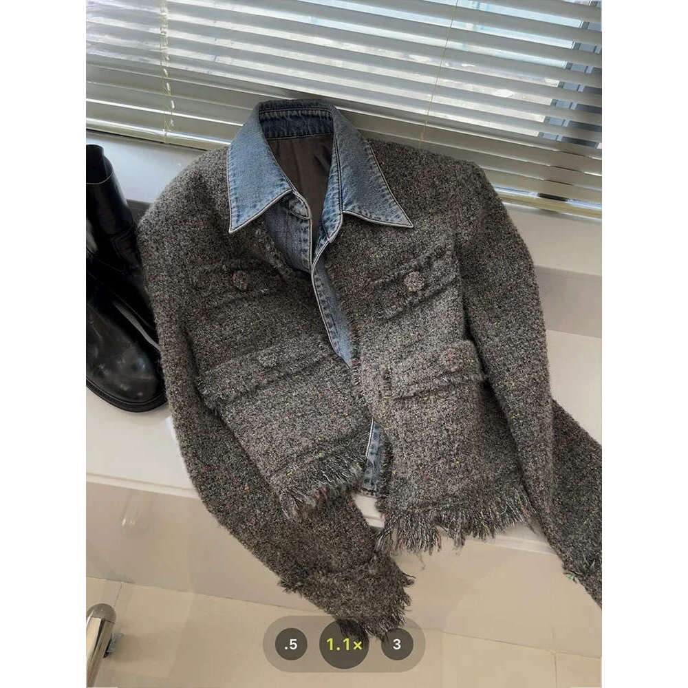 Chic Denim Patchwork veste femmes automne nouveau gland col rabattu poche manteau court trajet coréen mode rétro luxe