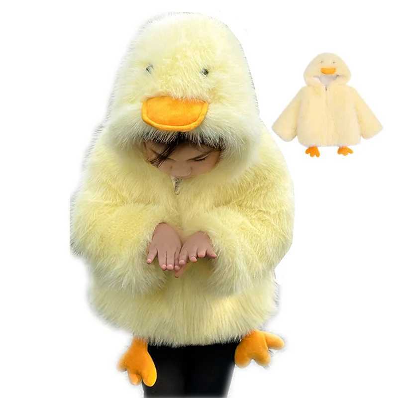 Manteau en fourrure à motif de canard pour bébé fille, veste en mélange de laine avec capuche, vêtements d'automne et d'hiver pour enfants de 2 4
