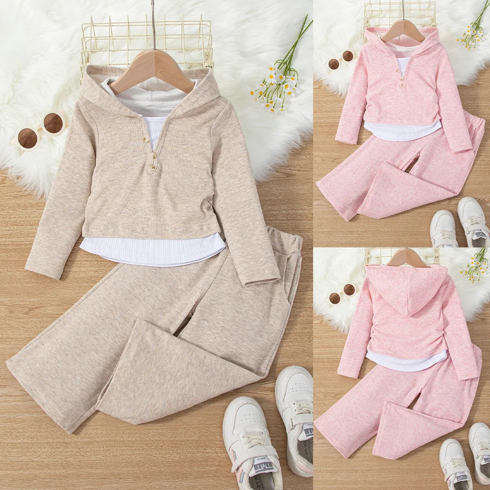 Filles SolidColor SpringAutumn Haut à capuche à manches longues et pantalon Casual Twopiece Ensemble Tenue tendance Mode pour enfants C 251204