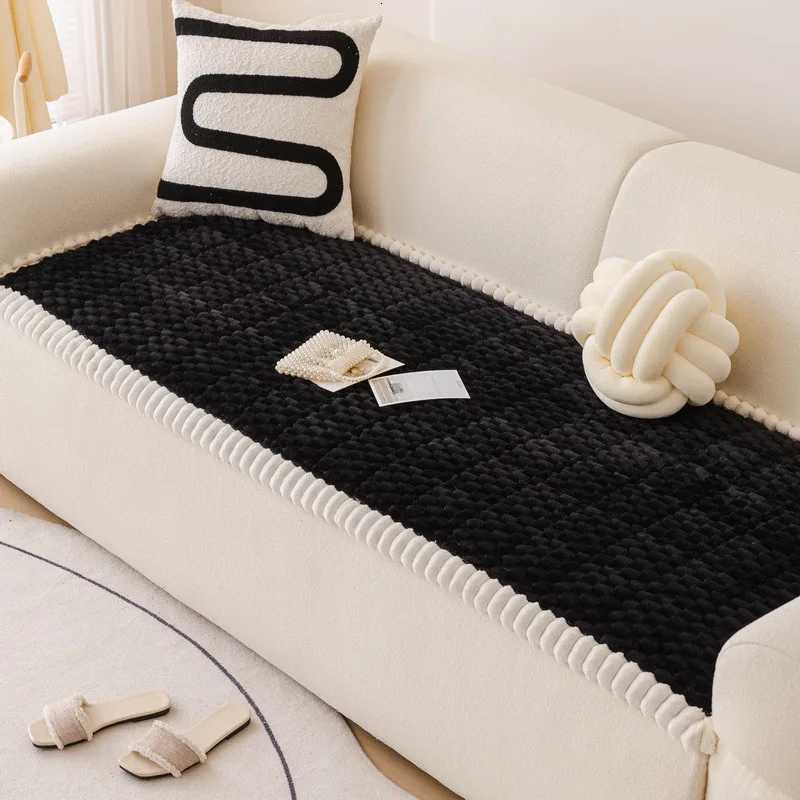 Honeycomb Fleece Living Room Sofa Cushion Autumn/Winter Straight-Cut One-Piece Anti-Slip Seat Pad Thickened Plush Sofa Cover M251204-image-1087199540