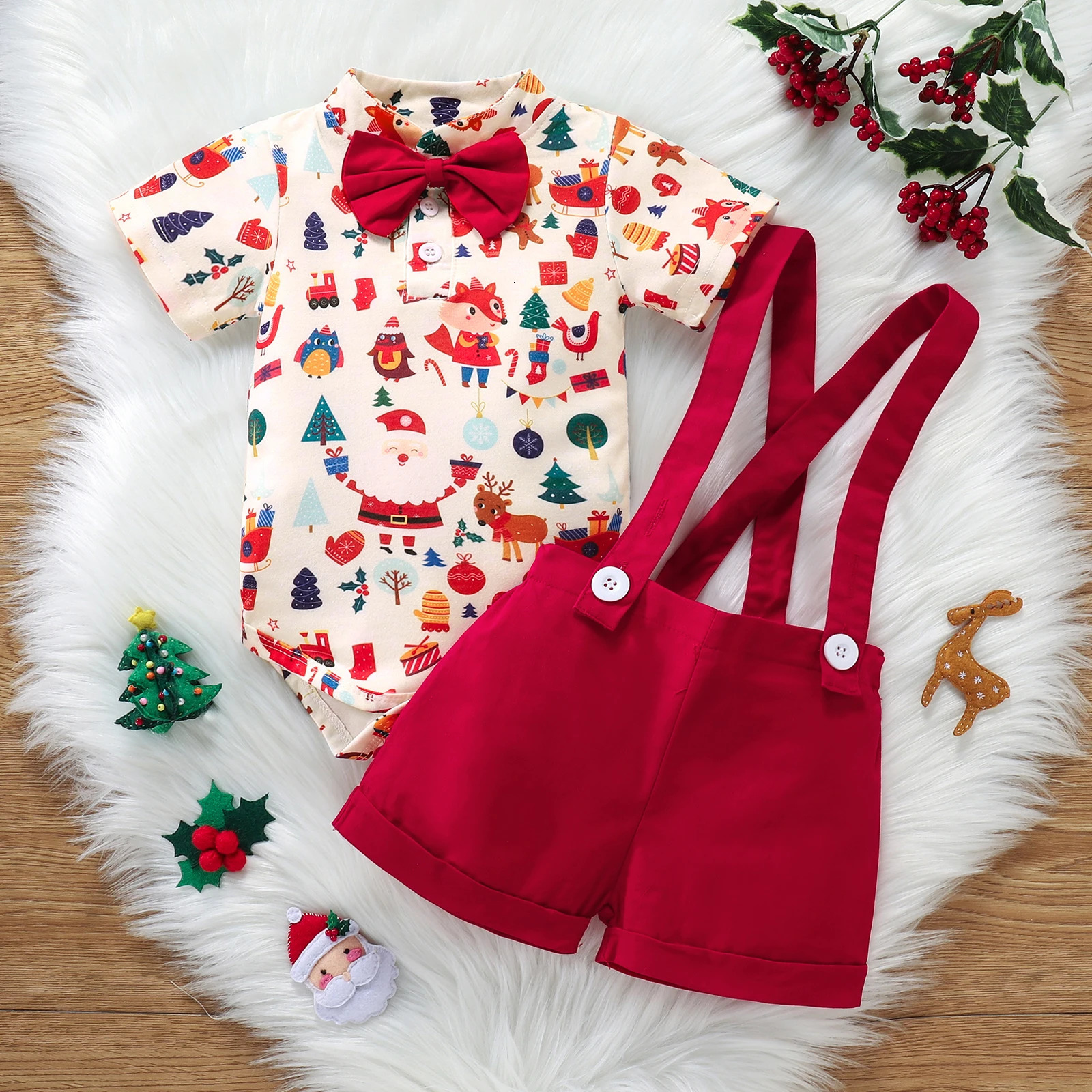 Costume de noël pour bébé, avec nœud, manches courtes, Polo, barboteuse, ensemble Short et haut, vêtements pour bébé fille et garçon, 251204