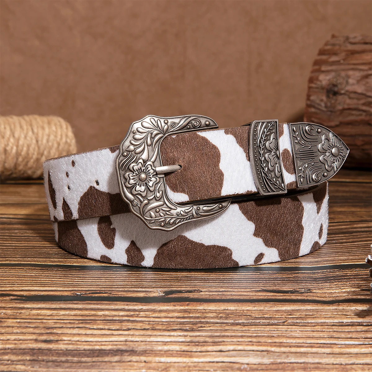 1pc cintura da donna con fibbia a fiore in rilievo marrone casual retrò casual con stampa mucca per jeans una cintura accessoria versatile 251126