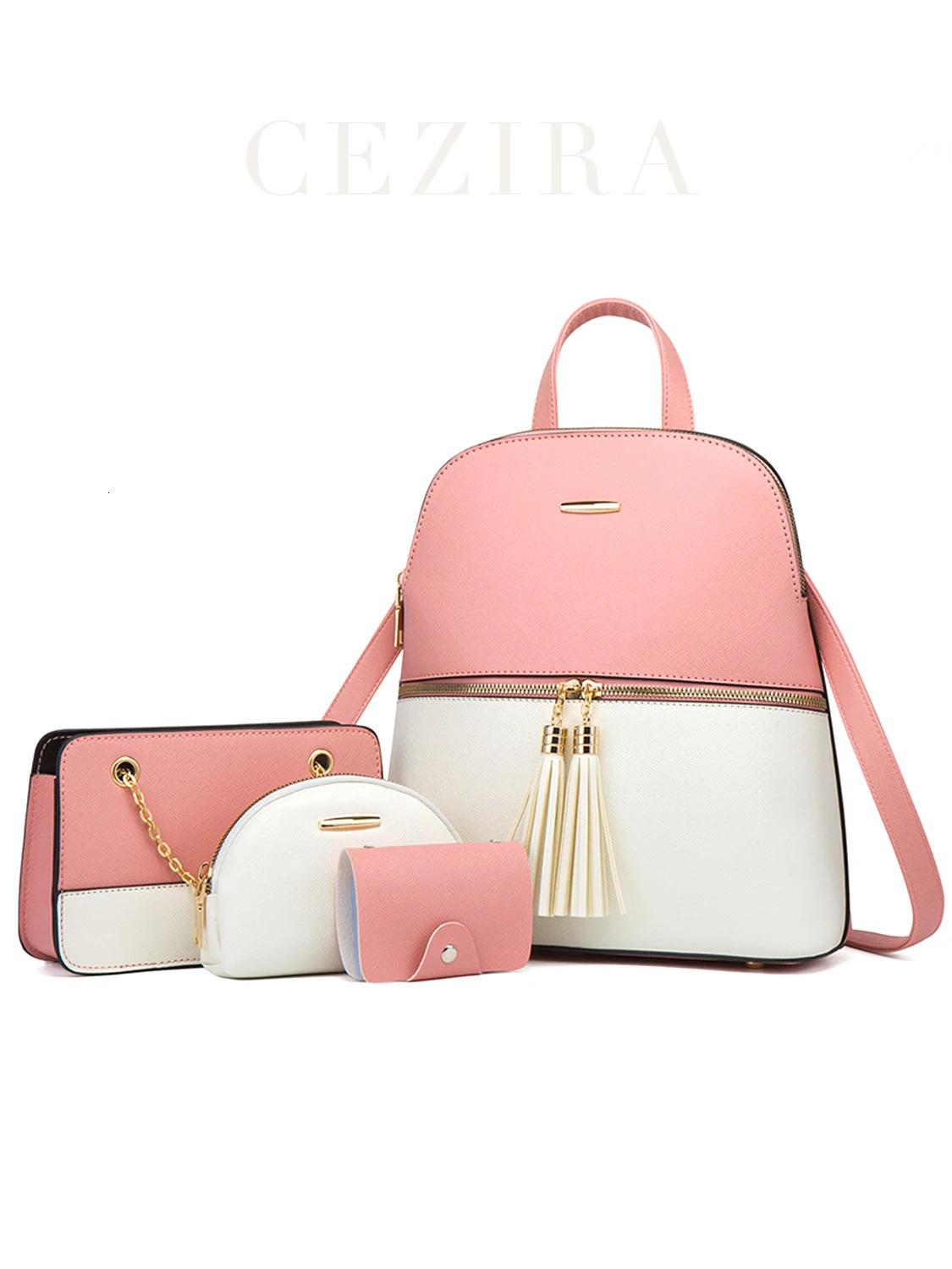 4 PCS Sacs Ensemble Femmes Mode PU Vegan Cuir Sac À Dos Gland Contraste Couleur Petite Chaîne Sac À Main Pochette Titulaire de la Carte 251202