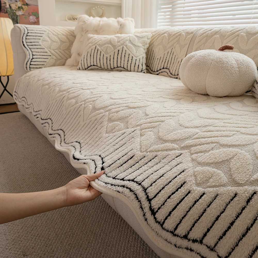 Winter Plush Sofa Cushion with Modern Leaf Edge Anti-Slip Furniture Protector Cover for Living Room padded plush sofa cushion M251204-image-1087200402