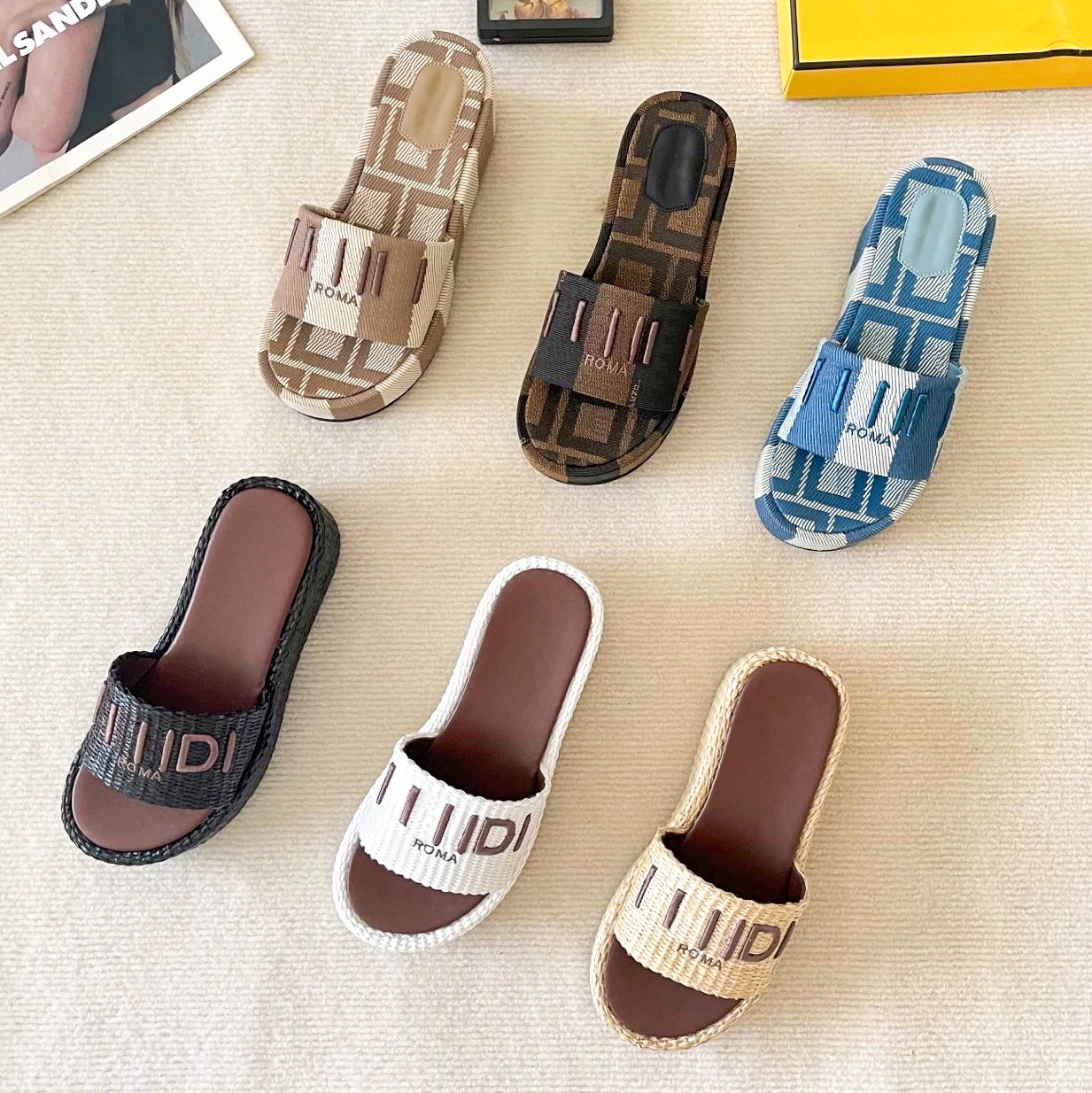 Top quality Designer Raffias sandal Summer Casual Shoe Woman Platform Denim slide weave beach tazz Slipper Mule Sandale Luxury flip flop Leather sli