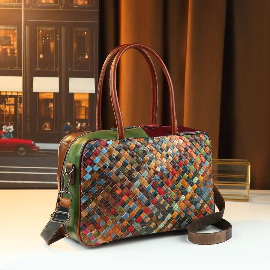 Designer Bag European And American New Retro Women's Top Layer Cowhide Fashion Large Capacity Patchwork Woven Ladies Handbag Single Shoulder Cr