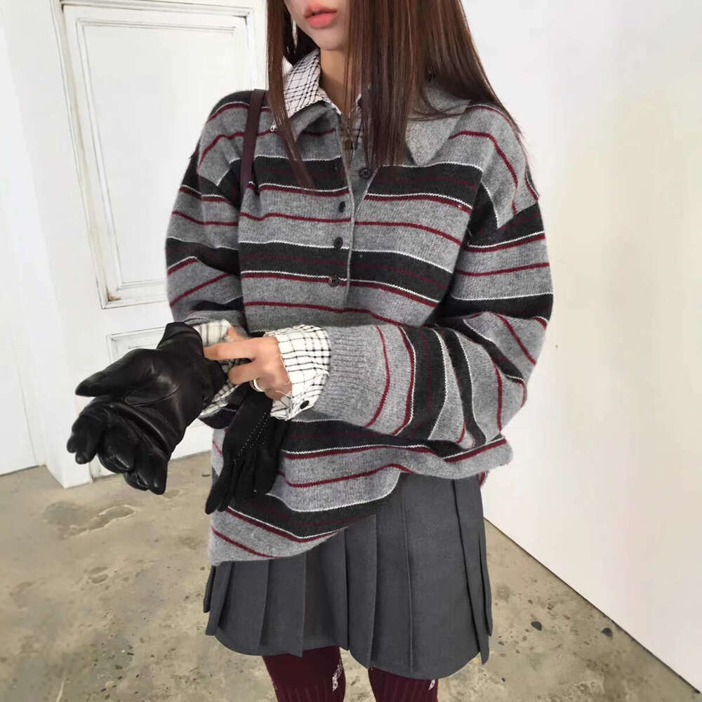 South Korea Autumn And Winter Clothes Lazy Style Striped Sweater Knitted Shirt Polo Collar Contrast Color Wool Top For Women B5