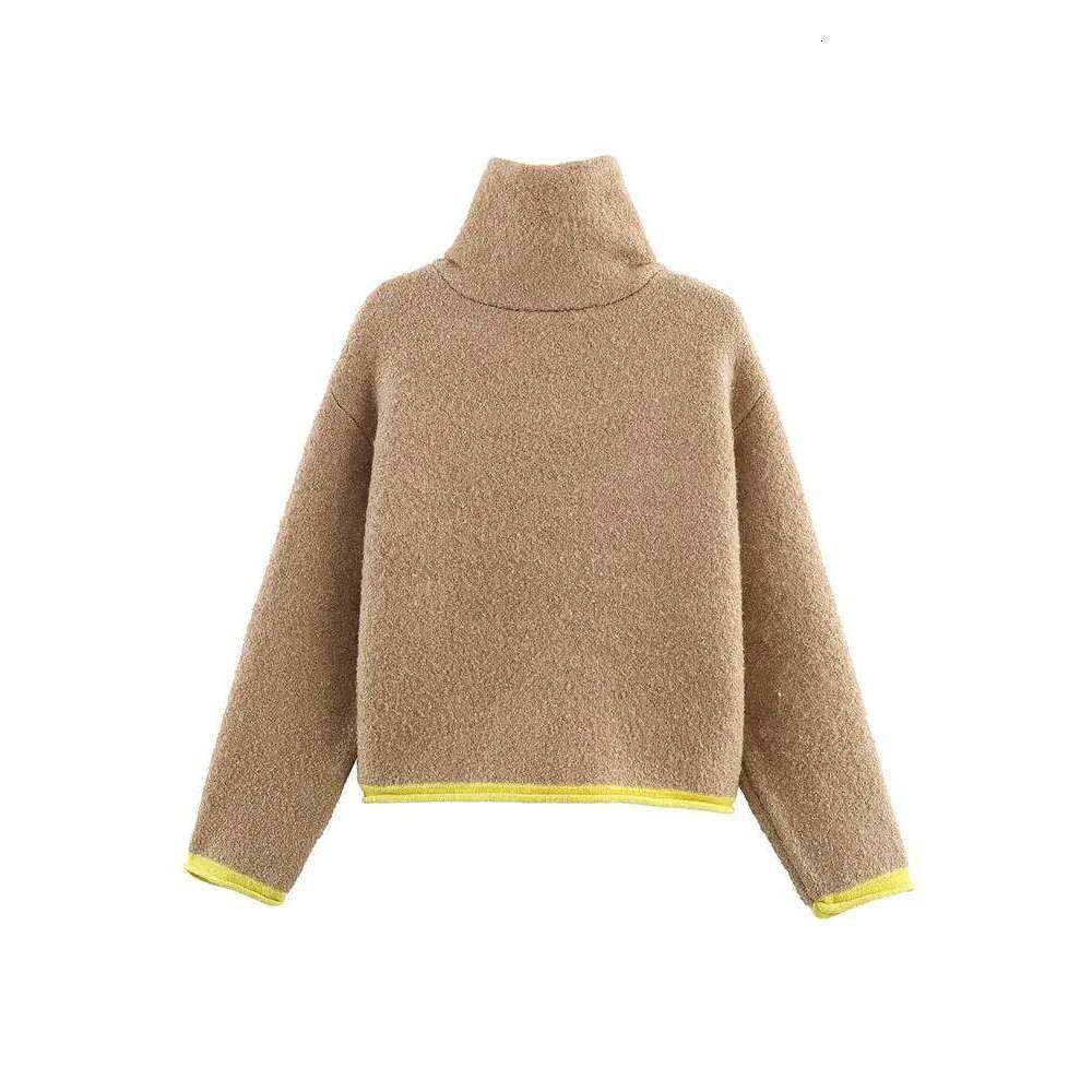 Women Cardigan Jacket Fall Winter Knitted High Neck Long Sleeve Color Blocked Zipper Loose Coat Female Casual Top