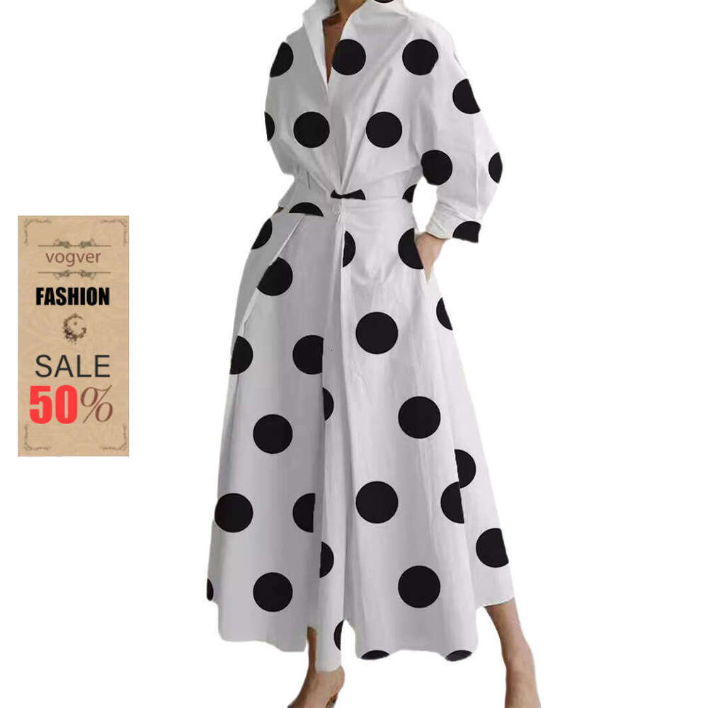 Dress for Women Designer Luxury Spring 2026 New Commuter Fashion Polo Collar Lined Long Sleeve Elastic Waist Flared Dress