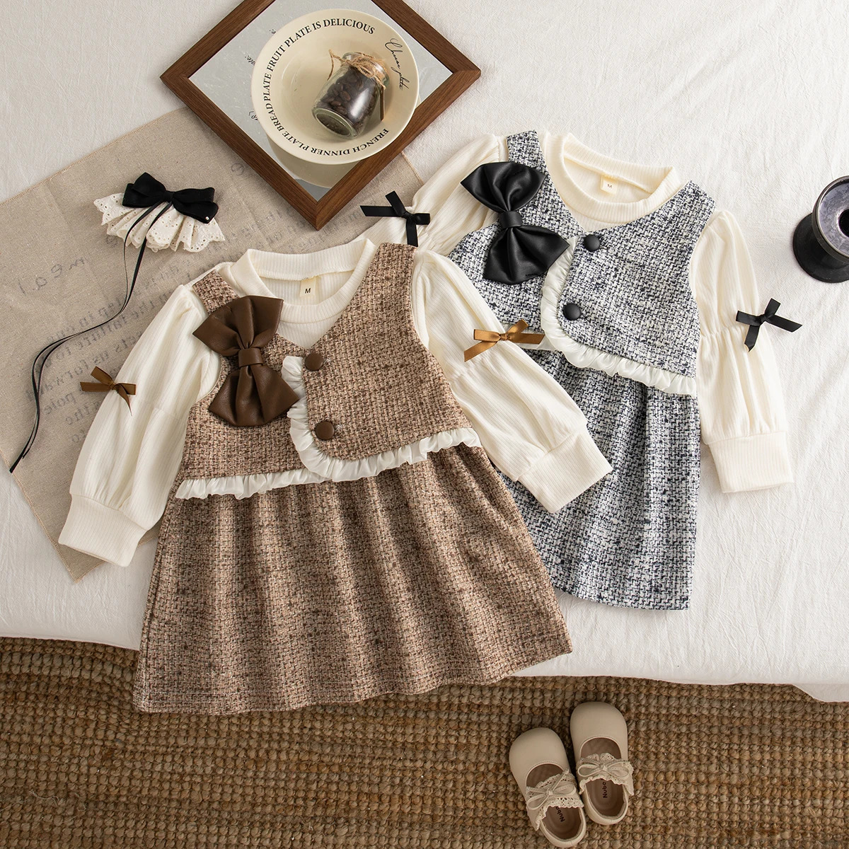 Cute Bow Long Sleeved Baby Girl Dress Spring And Autumn TwoPiece Checkered Printed ChildrenS Clothing 03 Years 251204