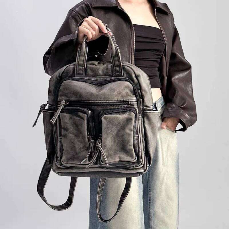 Vintage Multiple Pockets Backpacks Women Luxury Soft Washed Pu Leather Back Packs Trend College Bags For Girl Motorcycle Bag Suotong1204