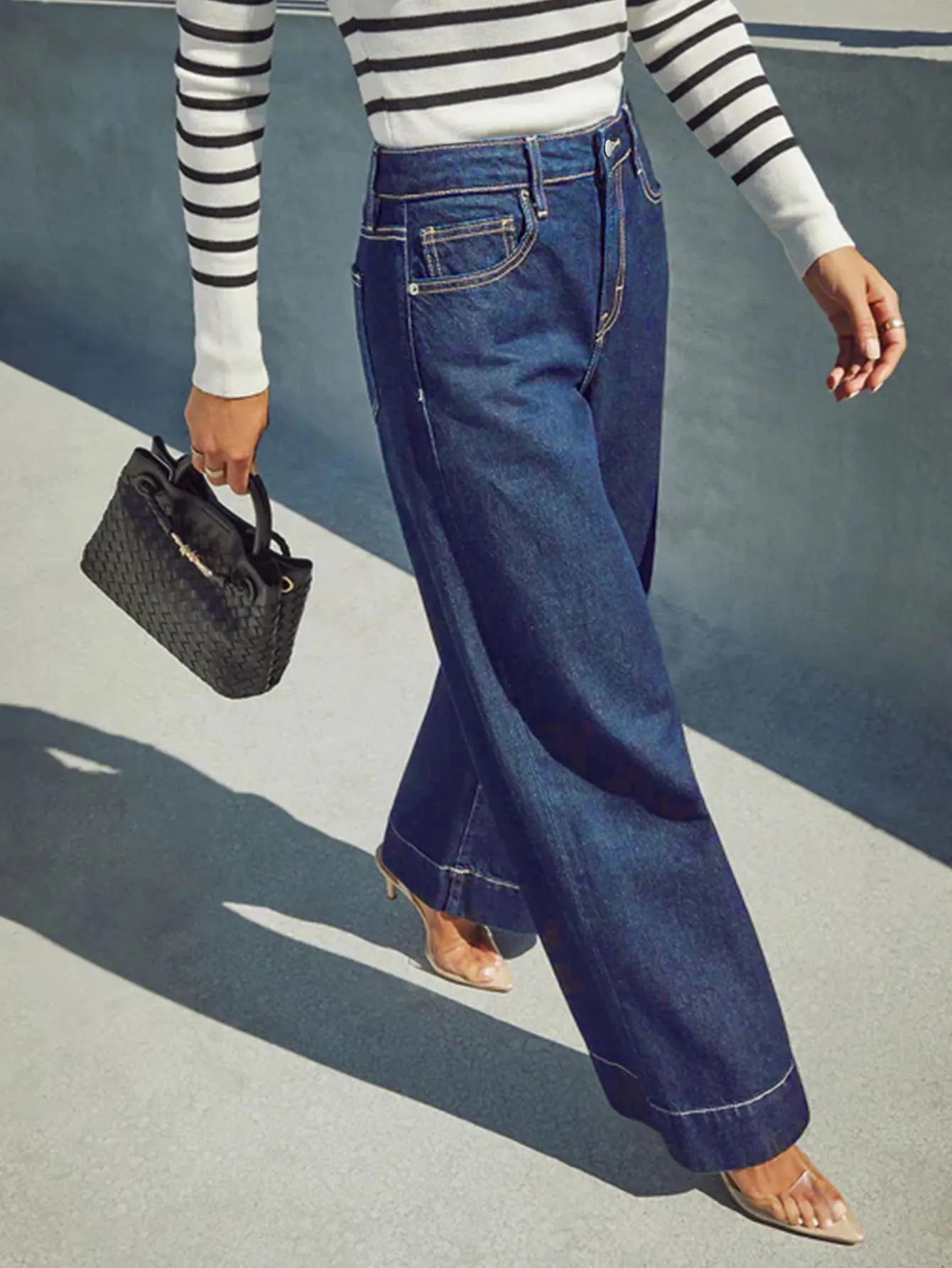 Jeans estivi da donna a vita alta a gamba larga Classici jeans elasticizzati lavati blu scuro con chiusura a bottoni per uno stile elegante 251204