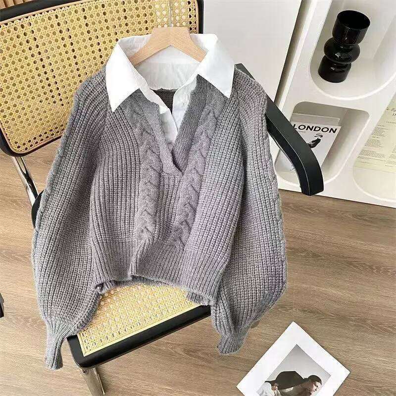 Pull à capuche tricoté épais et chaud pour femme, nouveau pull au Design élégant, haut de gamme, faux deux pièces, mode automne et hiver