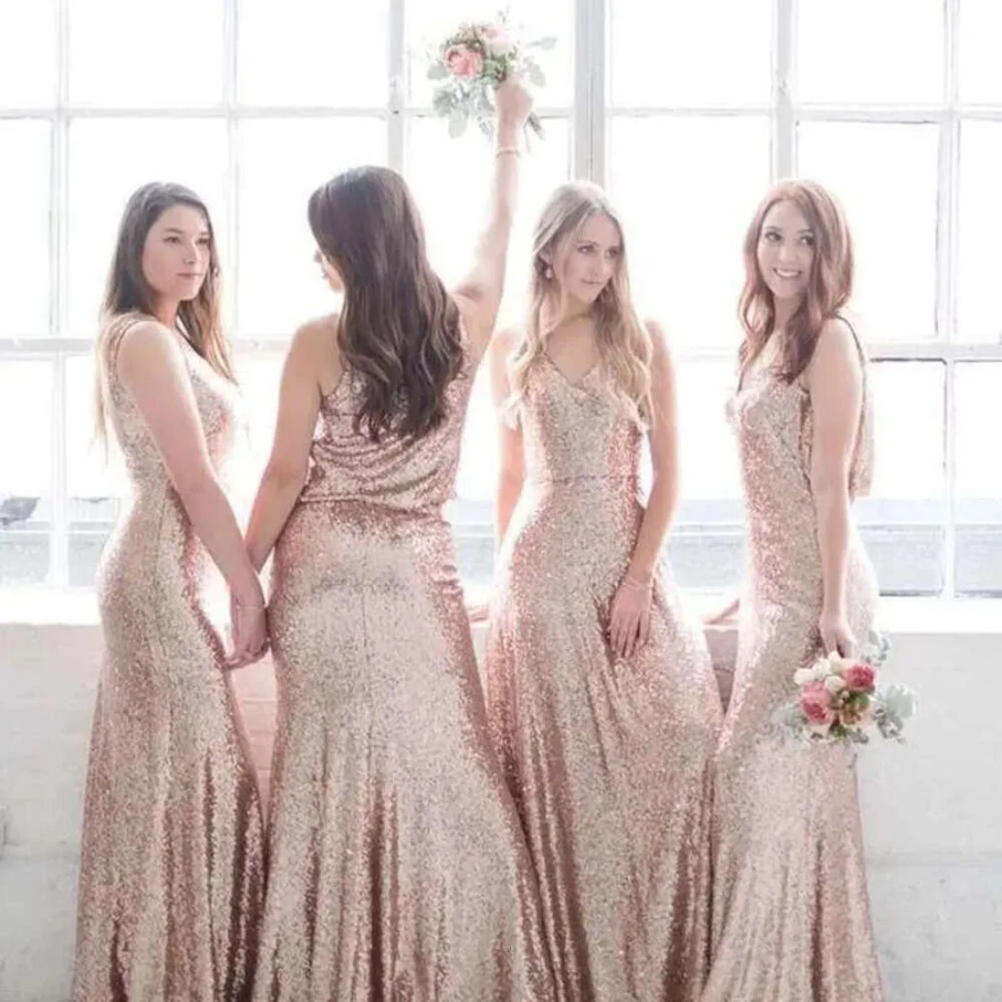 Paillettes di lusso Sirena Abiti da damigella d'onore Sexy Backless Manica corta Abiti da ballo da sera Guaina Lunghezza pavimento Abito da festa pe