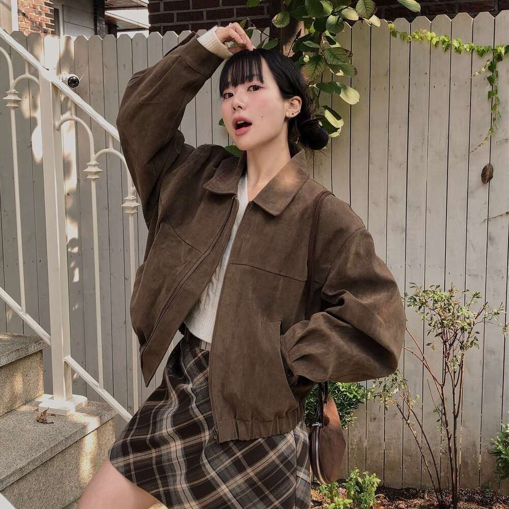 Korean Autumn Retro Style Outfit Deer Leather Loose Turn-Down Collar Casual Baseball Jacket For Women B5