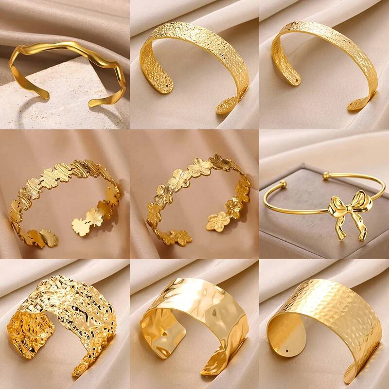Vintage Flower Cuff Bracelet Bangle for Women Gold Color Flora Stainless Steel Bangles Casting Aesthetic Couple Wrist Jewelry ddmynov