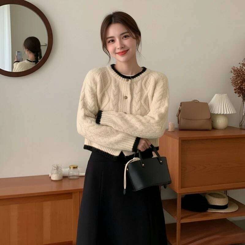 New Autumn And Winter O Neck Women's Cardigan Sweater Fashion Elegant Diamond Pattern Knitted Solid Color Single-Breasted Coat
