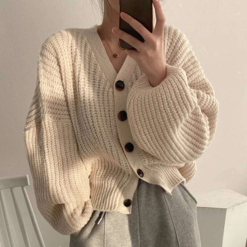 Autumn Fashion Women Long Cardian Sweater Winter V-Neck Loose Solid Knitted Top Elegant Casual Lantern Sleeve Knitwear